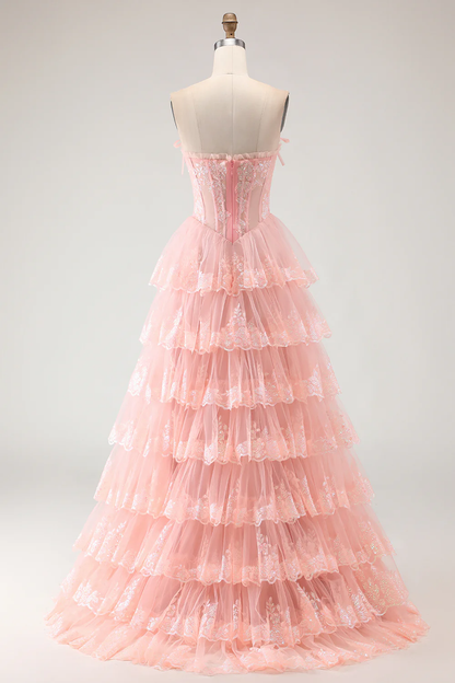 Romantic Strapless Tiered Tulle Prom Dress with Sequin Lace Embroidery and Bow Details