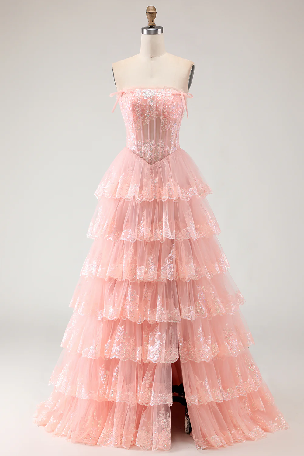 Romantic Strapless Tiered Tulle Prom Dress with Sequin Lace Embroidery and Bow Details