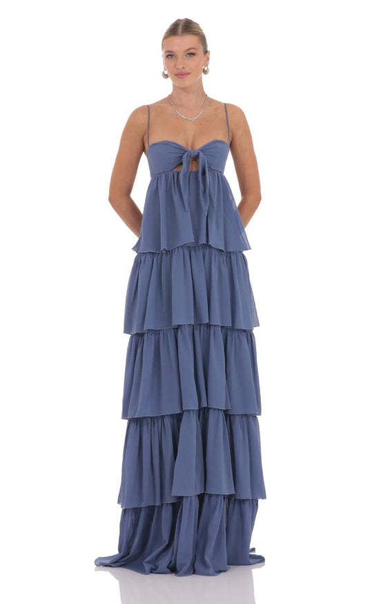 Romantic Tie-Front Dusty Blue Chiffon Evening Dress with Tiered Ruffle Skirt & Open Back