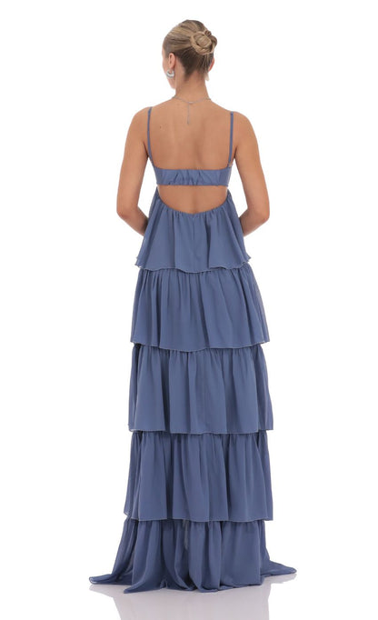 Romantic Tie-Front Dusty Blue Chiffon Evening Dress with Tiered Ruffle Skirt & Open Back