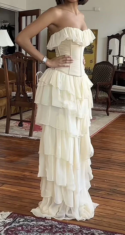 Romantic Tiered Prom Dress Strapless Ruffled Corset Back Floor Length