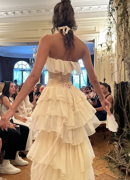 Romantic Tiered Prom Dress Strapless Ruffled Corset Back Floor Length