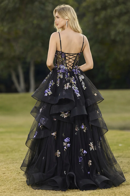 Romantic Tiered Tulle Prom Dress with Floral Sequin Embroidery and Lace-Up Back