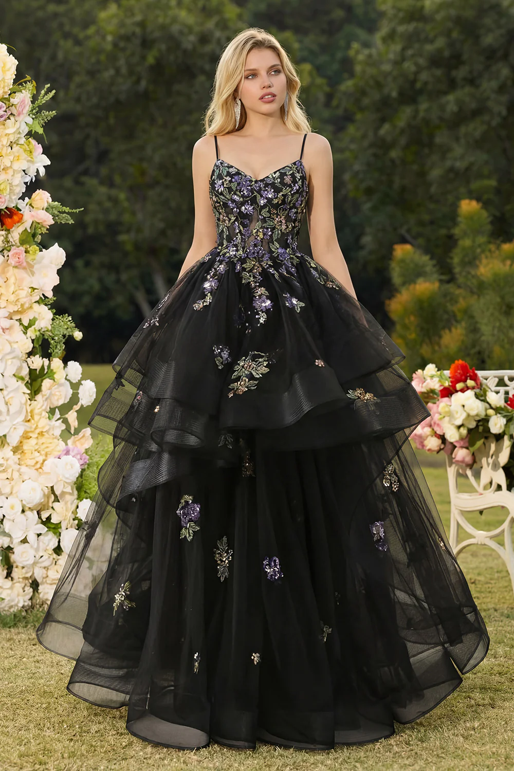 Romantic Tiered Tulle Prom Dress with Floral Sequin Embroidery and Lace-Up Back