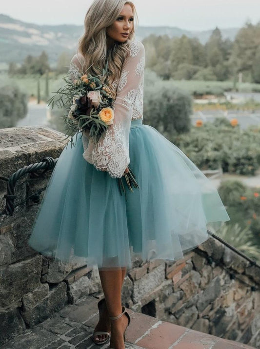 Romantic Two-tone White Dusty Blue A-line Round Neck Flare Sleeve Sheer Back Knee-length Homecoming Dresses