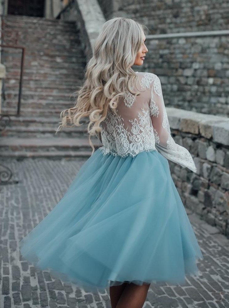 Romantic Two-tone White Dusty Blue A-line Round Neck Flare Sleeve Sheer Back Knee-length Homecoming Dresses