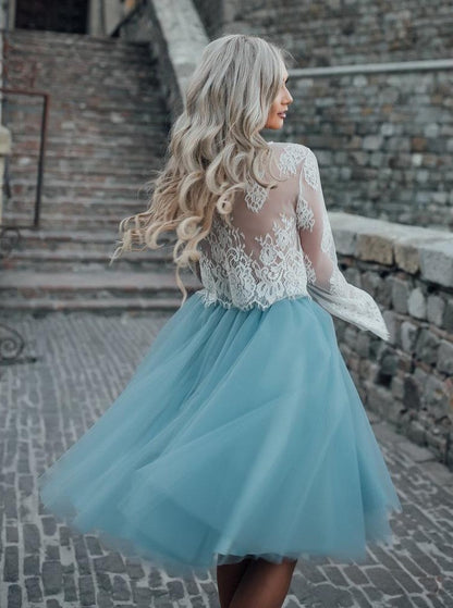 Romantic Two-tone White Dusty Blue A-line Round Neck Flare Sleeve Sheer Back Knee-length Homecoming Dresses