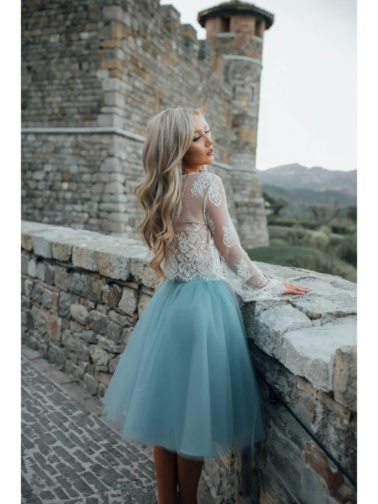 Romantic Two-tone White Dusty Blue A-line Round Neck Flare Sleeve Sheer Back Knee-length Homecoming Dresses