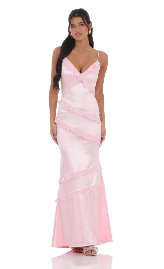 Romantic V-Neck Asymmetric Ruffle Satin Evening Dress with Open Back & Floor-Length Hem