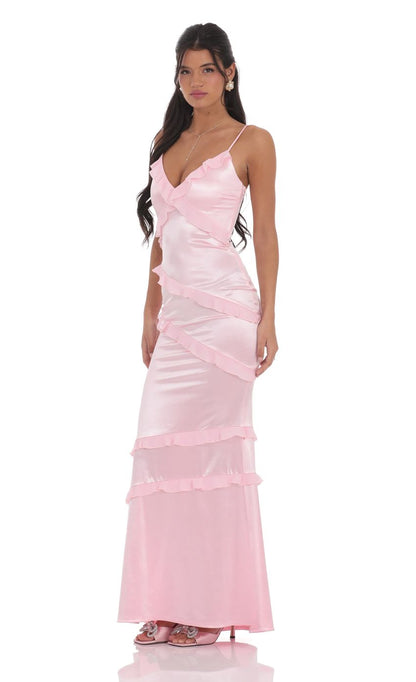 Romantic V-Neck Asymmetric Ruffle Satin Evening Dress with Open Back & Floor-Length Hem