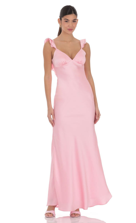 Romantic V-Neck Ruffle Strap Satin Evening Dress with Open Back & Flowy Floor-Length Hem