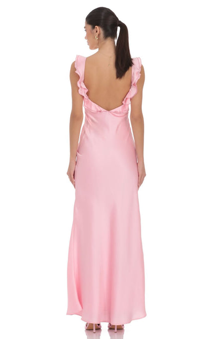 Romantic V-Neck Ruffle Strap Satin Evening Dress with Open Back & Flowy Floor-Length Hem