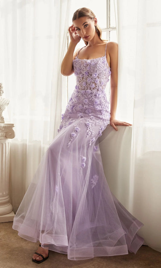 Romantic 3D Floral Mermaid Square Neck Spaghetti Strap Lace-Up Back Floor-Length Evening Dress