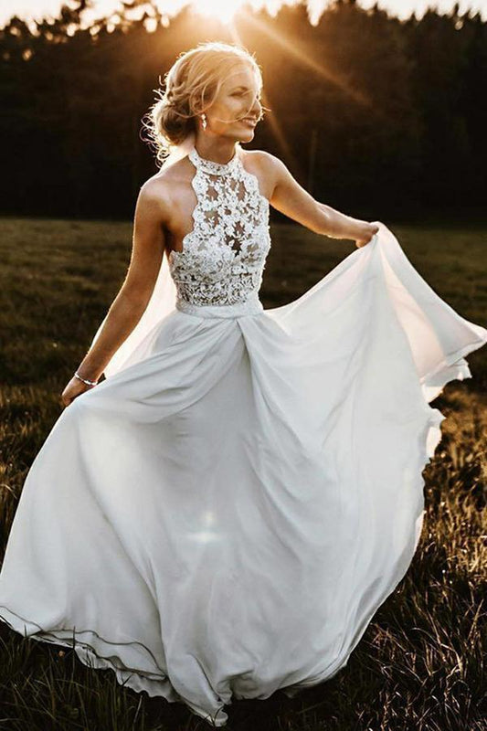 Romantic A-line Halter Neck Sleeveless Lace Back Floor Length Chiffon Wedding Dress