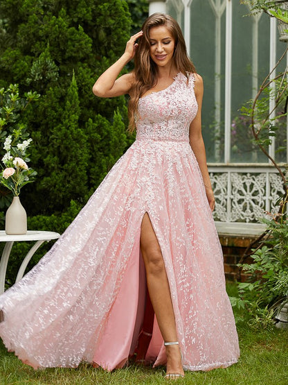 Romantic A-line One Shoulder 3D Floral Lace High Slit Floor Length Formal Evening Dress