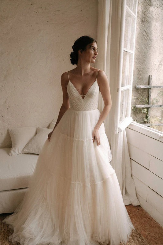 Romantic A-line V Neck Spaghetti Strap Low Back Tiered Floor Length Wedding Dress