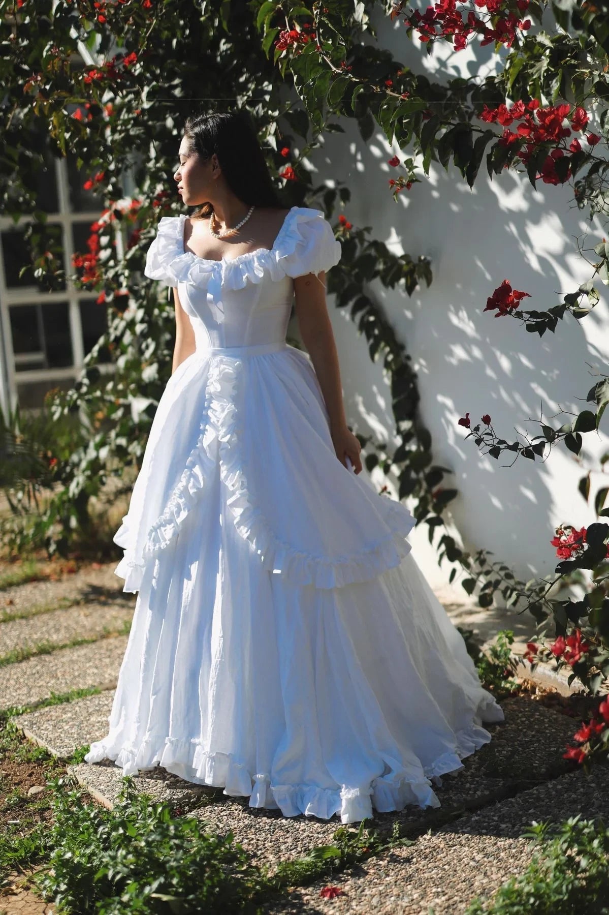 Romantic Ball Gown Off-Shoulder Puffy Sleeve Lace-Up Back Floor-Length Wedding Dresses