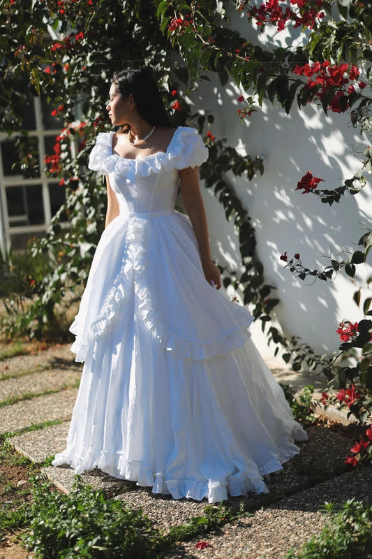 Romantic Ball Gown Off-Shoulder Puffy Sleeve Lace-Up Back Floor-Length Wedding Dresses