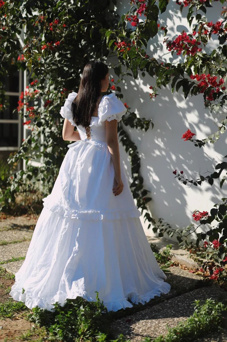 Romantic Ball Gown Off-Shoulder Puffy Sleeve Lace-Up Back Floor-Length Wedding Dresses