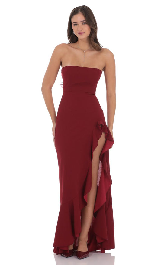 Romantic Burgundy Strapless Ruffled High Slit Tie-back Floor-length Evening Dresses