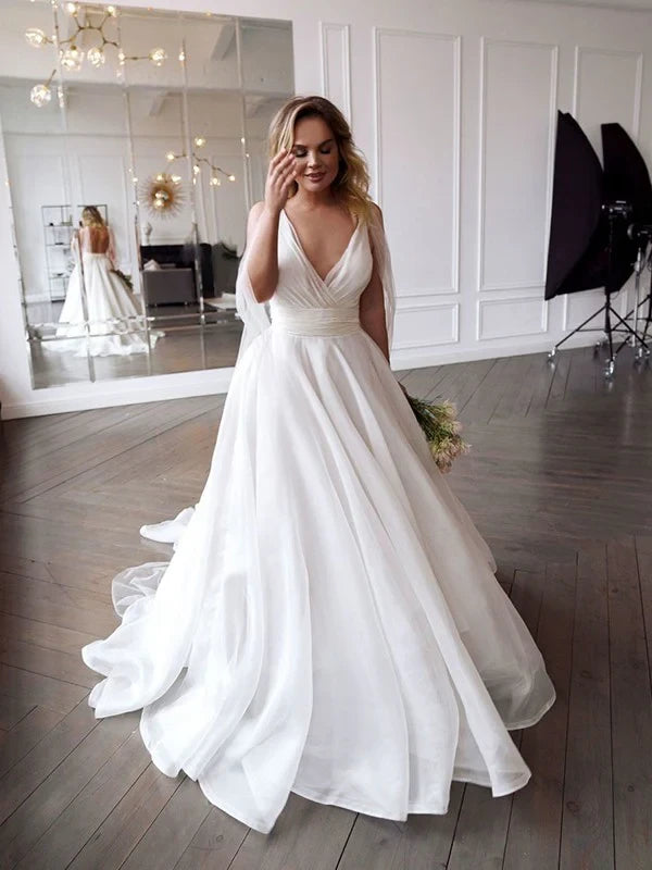 Romantic Chiffon A-Line Deep V-Neck Cape Sleeve Open Back Wedding Gown