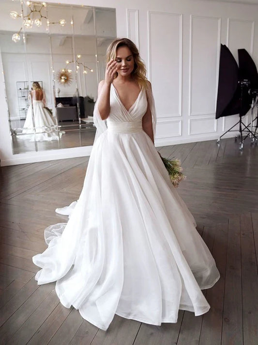 Romantic Chiffon A-Line Deep V-Neck Cape Sleeve Open Back Wedding Gown