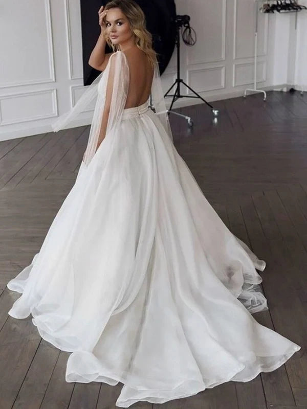 Romantic Chiffon A-Line Deep V-Neck Cape Sleeve Open Back Wedding Gown