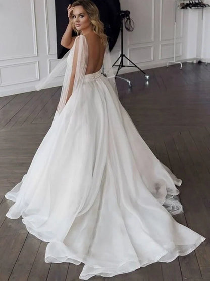 Romantic Chiffon A-Line Deep V-Neck Cape Sleeve Open Back Wedding Gown