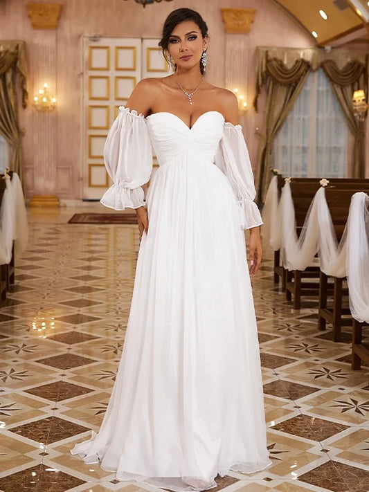 Romantic Chiffon A-Line Sweetheart Off-Shoulder Puffy Long Sleeve Floor-Length Wedding Gown