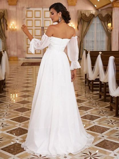 Romantic Chiffon A-Line Sweetheart Off-Shoulder Puffy Long Sleeve Floor-Length Wedding Gown