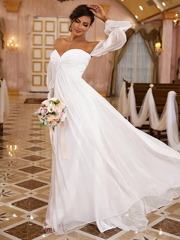 Romantic Chiffon A-Line Sweetheart Off-Shoulder Puffy Long Sleeve Floor-Length Wedding Gown