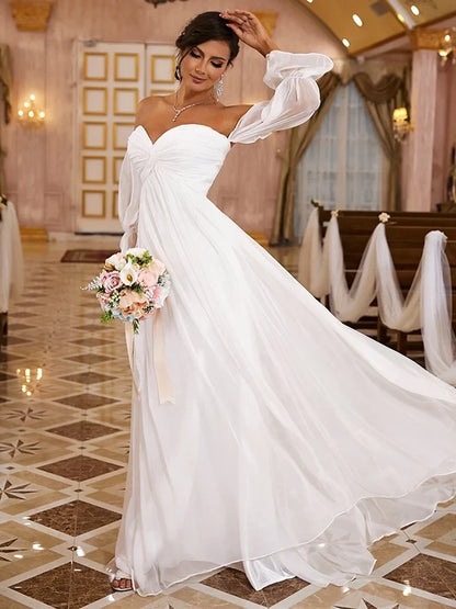 Romantic Chiffon A-Line Sweetheart Off-Shoulder Puffy Long Sleeve Floor-Length Wedding Gown