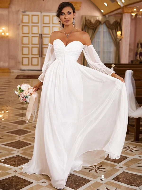 Romantic Chiffon A-Line Sweetheart Off-Shoulder Puffy Long Sleeve Floor-Length Wedding Gown