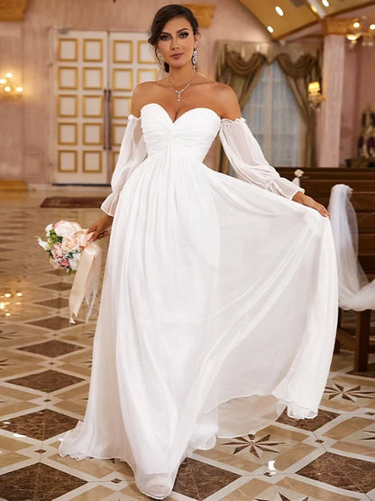 Romantic Chiffon A-Line Sweetheart Off-Shoulder Puffy Long Sleeve Floor-Length Wedding Gown