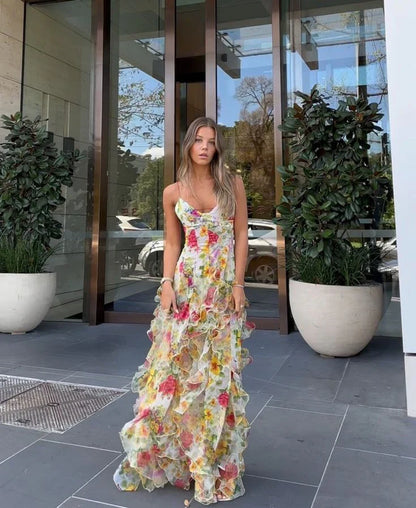 Romantic Chiffon A-Line V-Neck Spaghetti Strap Low Back Floor-Length Floral Prom Dresses