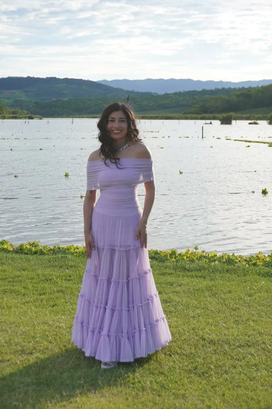 Romantic Chiffon A-Line With Sleeves Off-the-Shoulder Short Sleeves Straight Back Floor-Length Prom Dresses