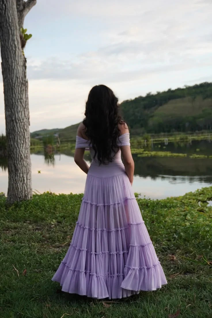 Romantic Chiffon A-Line With Sleeves Off-the-Shoulder Short Sleeves Straight Back Floor-Length Prom Dresses