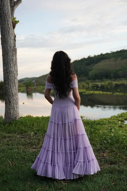 Romantic Chiffon A-Line With Sleeves Off-the-Shoulder Short Sleeves Straight Back Floor-Length Prom Dresses