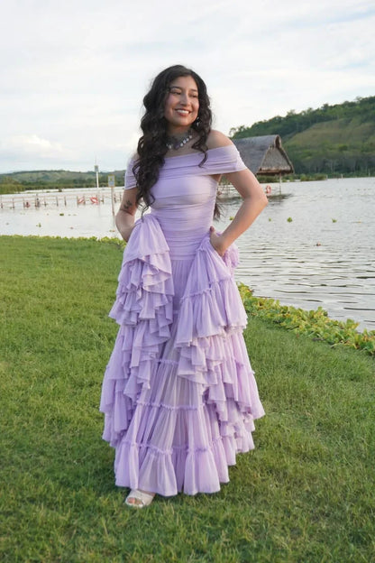 Romantic Chiffon A-Line With Sleeves Off-the-Shoulder Short Sleeves Straight Back Floor-Length Prom Dresses