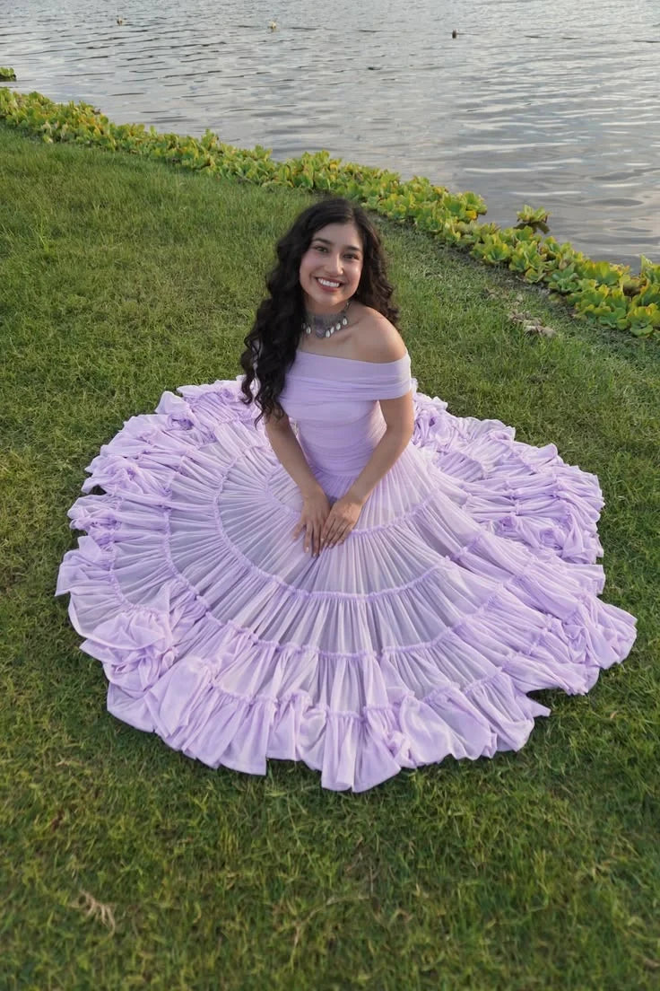 Romantic Chiffon A-Line With Sleeves Off-the-Shoulder Short Sleeves Straight Back Floor-Length Prom Dresses