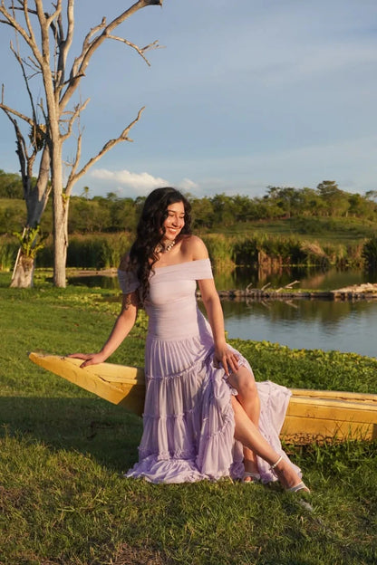 Romantic Chiffon A-Line With Sleeves Off-the-Shoulder Short Sleeves Straight Back Floor-Length Prom Dresses