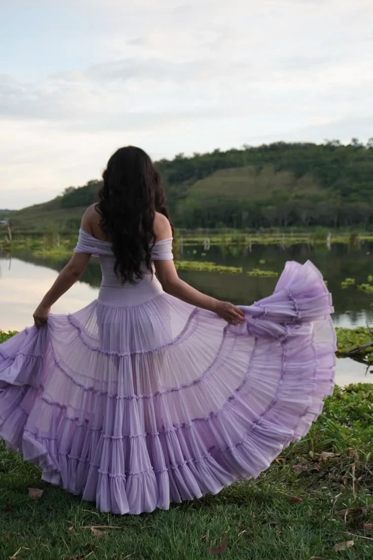 Romantic Chiffon A-Line With Sleeves Off-the-Shoulder Short Sleeves Straight Back Floor-Length Prom Dresses