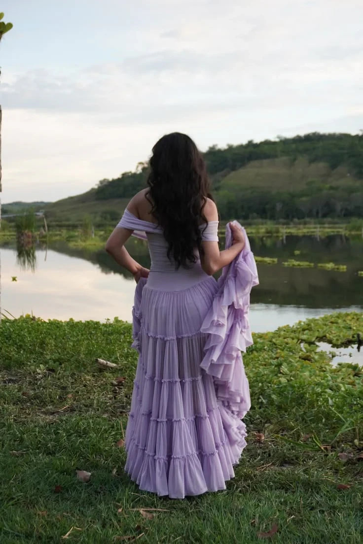 Romantic Chiffon A-Line With Sleeves Off-the-Shoulder Short Sleeves Straight Back Floor-Length Prom Dresses