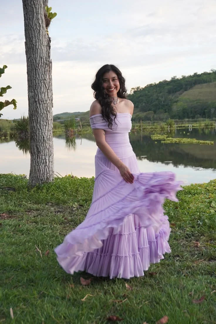 Romantic Chiffon A-Line With Sleeves Off-the-Shoulder Short Sleeves Straight Back Floor-Length Prom Dresses