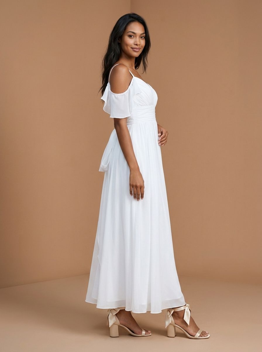 Romantic Cold Shoulder Spaghetti Strap Ruched Bow Back Chiffon Floor Length Bridesmaid Dress