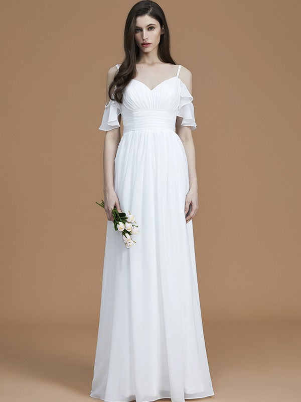 Romantic Cold Shoulder Spaghetti Strap Ruched Bow Back Chiffon Floor Length Bridesmaid Dress