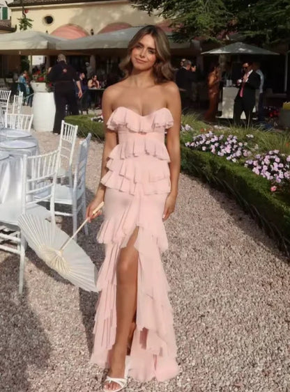 Romantic Ruffled Chiffon A-Line High Slit Strapless Sleeveless High-Low Prom Dresses
