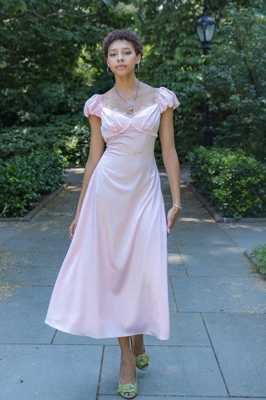 Romantic Satin A-Line Sweetheart Puff-Sleeve Lace-Trim Midi Evening Dress