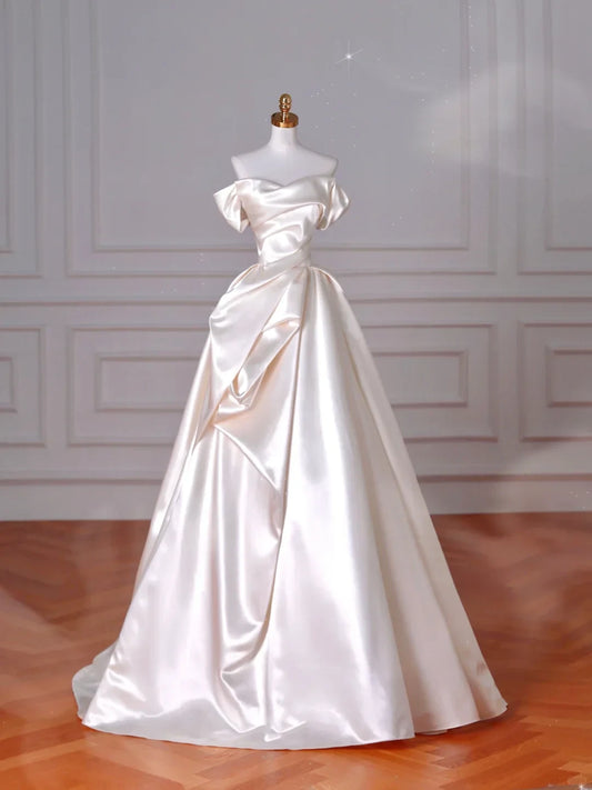 Romantic Satin Ball Gown Off-the-Shoulder Short Sleeve Lace-Up Back Floor-Length Wedding Dresses
