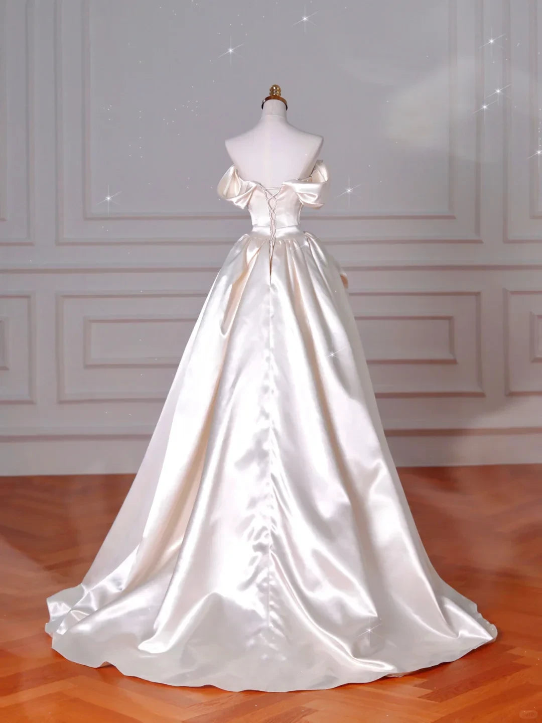 Romantic Satin Ball Gown Off-the-Shoulder Short Sleeve Lace-Up Back Floor-Length Wedding Dresses